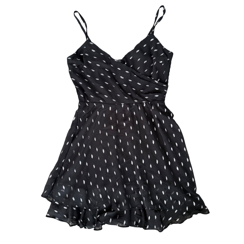 Lily Rose Black Silver Metallic Leaf‎ Print Smocked Bodice Mini Dress Women's M